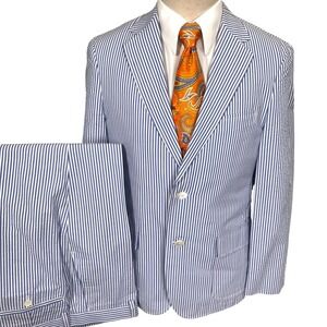 JC Penny Seersucker Suit Men 40R 34W 30L Blue White Stripe Summer Cotton